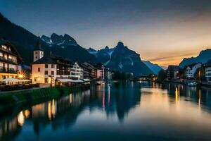 a Sol conjuntos sobre a Cidade do lauterbrunnen, Suíça. gerado por IA foto