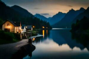 foto papel de parede a céu, montanhas, lago, casa, a noite, a lago, a montanhas. gerado por IA