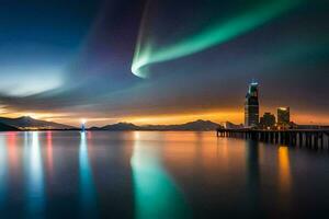 a aurora boreal sobre a cidade do hong kong. gerado por IA foto