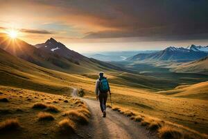 uma pessoa caminhando em uma sujeira estrada dentro a montanhas. gerado por IA foto