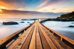 uma de madeira ponte alongar Fora para dentro a oceano às pôr do sol. gerado por IA foto