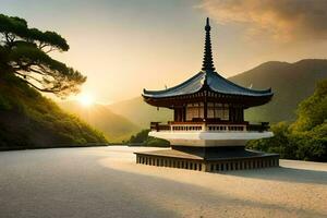 uma pagode dentro a montanhas. gerado por IA foto