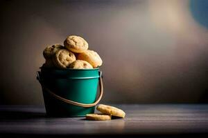 uma balde preenchidas com biscoitos em uma mesa. gerado por IA foto