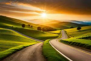 a Sol sobe sobre uma enrolamento estrada dentro a montanhas. gerado por IA foto