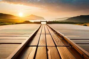 uma de madeira ponte sobre uma lago com a Sol contexto. gerado por IA foto