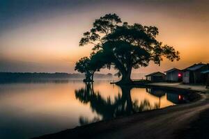 uma árvore e uma casa em a costa do uma lago às pôr do sol. gerado por IA foto