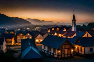 uma Vila às crepúsculo com casas e uma igreja. gerado por IA foto