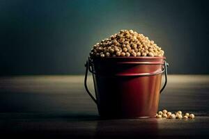 uma balde preenchidas com soja feijões em uma mesa. gerado por IA foto
