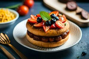 uma Hamburger com tomates, queijo e de outros ingredientes. gerado por IA foto