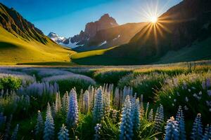 a Sol sobe sobre a montanhas e a tremoço flores dentro a primeiro plano. gerado por IA foto