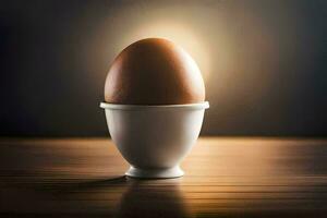 a ovo dentro a ovo copo em uma mesa. gerado por IA foto