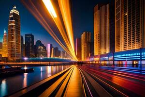 uma cidade às noite com luzes em a edifícios. gerado por IA foto