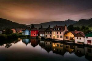 colorida casas em a rio às crepúsculo. gerado por IA foto