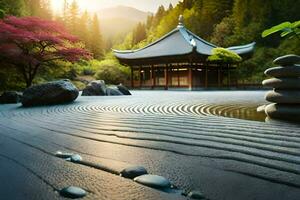 uma japonês jardim com pedras e água. gerado por IA foto