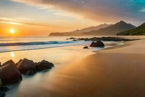 a Sol conjuntos sobre uma de praia e montanhas. gerado por IA foto