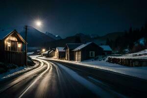 uma Nevado estrada dentro a montanhas às noite. gerado por IA foto