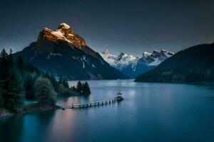 uma lago e montanhas às crepúsculo. gerado por IA foto