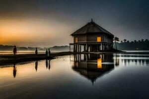 uma casa em a água às nascer do sol. gerado por IA foto
