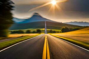 uma embaçado imagem do uma estrada com montanhas dentro a fundo. gerado por IA foto