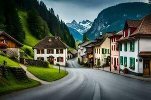 foto papel de parede a céu, montanhas, casas, estrada, Vila, a Alpes, Suíça. gerado por IA