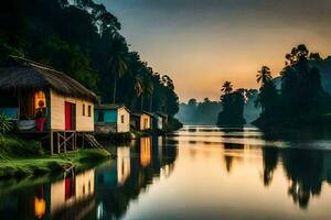 uma pequeno casa senta em a banco do uma rio. gerado por IA foto