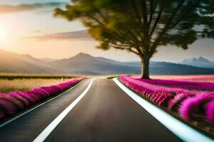 uma estrada com roxa flores e uma árvore dentro a meio. gerado por IA foto