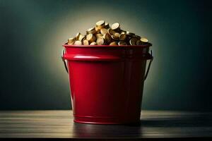 uma vermelho balde preenchidas com ouro moedas. gerado por IA foto