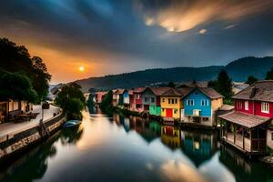 colorida casas ao longo uma rio às pôr do sol. gerado por IA foto