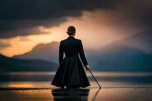 uma mulher dentro uma grandes vestir em pé em a costa do uma lago. gerado por IA foto