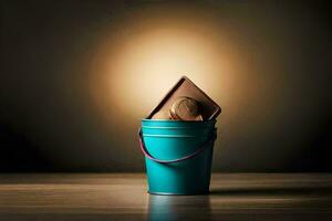 uma balde preenchidas com chocolate e uma chocolate bar. gerado por IA foto