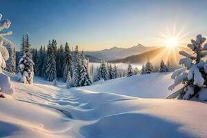 neve coberto árvores e a Sol brilhando sobre eles. gerado por IA foto