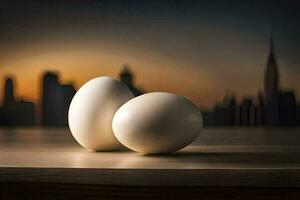 dois ovos em uma mesa dentro frente do uma cidade Horizonte. gerado por IA foto