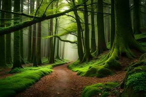 uma caminho através uma verde floresta com musgoso árvores gerado por IA foto