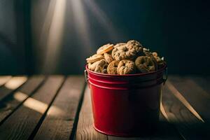 uma balde do biscoitos em uma de madeira mesa. gerado por IA foto