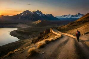 a estrada para a lago. gerado por IA foto