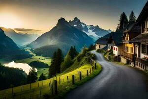 uma estrada dentro a montanhas com casas e montanhas. gerado por IA foto