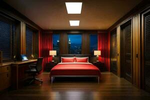 uma quarto com uma vermelho cama e de madeira andares. gerado por IA foto