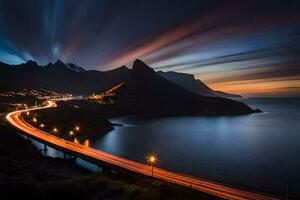 uma grandes exposição fotografia do uma estrada e montanhas às noite. gerado por IA foto