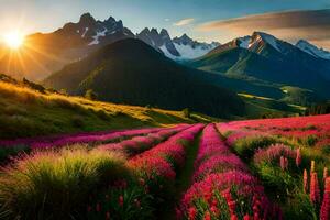 a Sol brilha sobre uma campo do flores e montanhas. gerado por IA foto