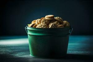 uma balde preenchidas com biscoitos em uma Sombrio mesa. gerado por IA foto