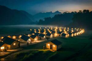 a noite céu é aceso acima de a luzes do muitos pequeno cabanas. gerado por IA foto