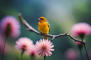 uma amarelo pássaro senta em uma ramo com Rosa flores gerado por IA foto