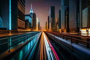 uma cidade rua às noite com luz trilhas. gerado por IA foto