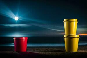 três vermelho e amarelo copos em a de praia às noite. gerado por IA foto