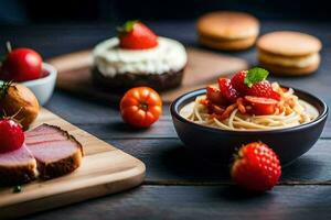 uma prato do Comida com morangos, presunto e tomates. gerado por IA foto