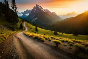 uma sujeira estrada dentro a montanhas às pôr do sol. gerado por IA foto