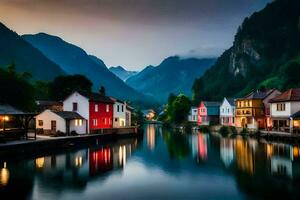 colorida casas em a bancos do uma rio às crepúsculo. gerado por IA foto