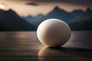 a ovo sentado em uma mesa dentro frente do uma montanha. gerado por IA foto