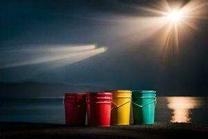 quatro colorida baldes sentar em a de praia às noite. gerado por IA foto