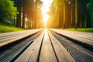 uma de madeira caminho dentro a madeiras com a Sol brilhando. gerado por IA foto